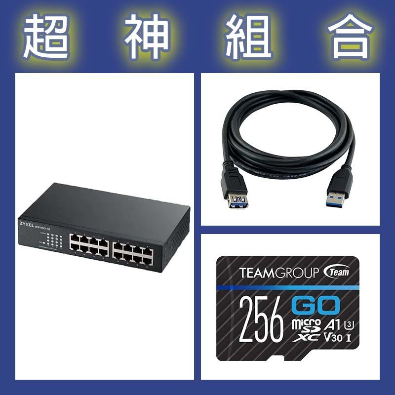 【超神組合】合勤 GS1100-16v3交換器+十銓 GO Card 256G記憶卡+寶利威爾 USB3.0公母延長線