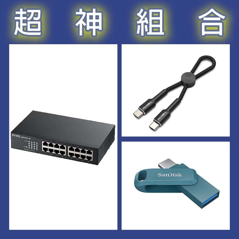 【超神組合】合勤 GS1100-16v3交換器+晟碟 Ultra Go 64G隨身碟+寶利威爾 Type-C極短快充線
