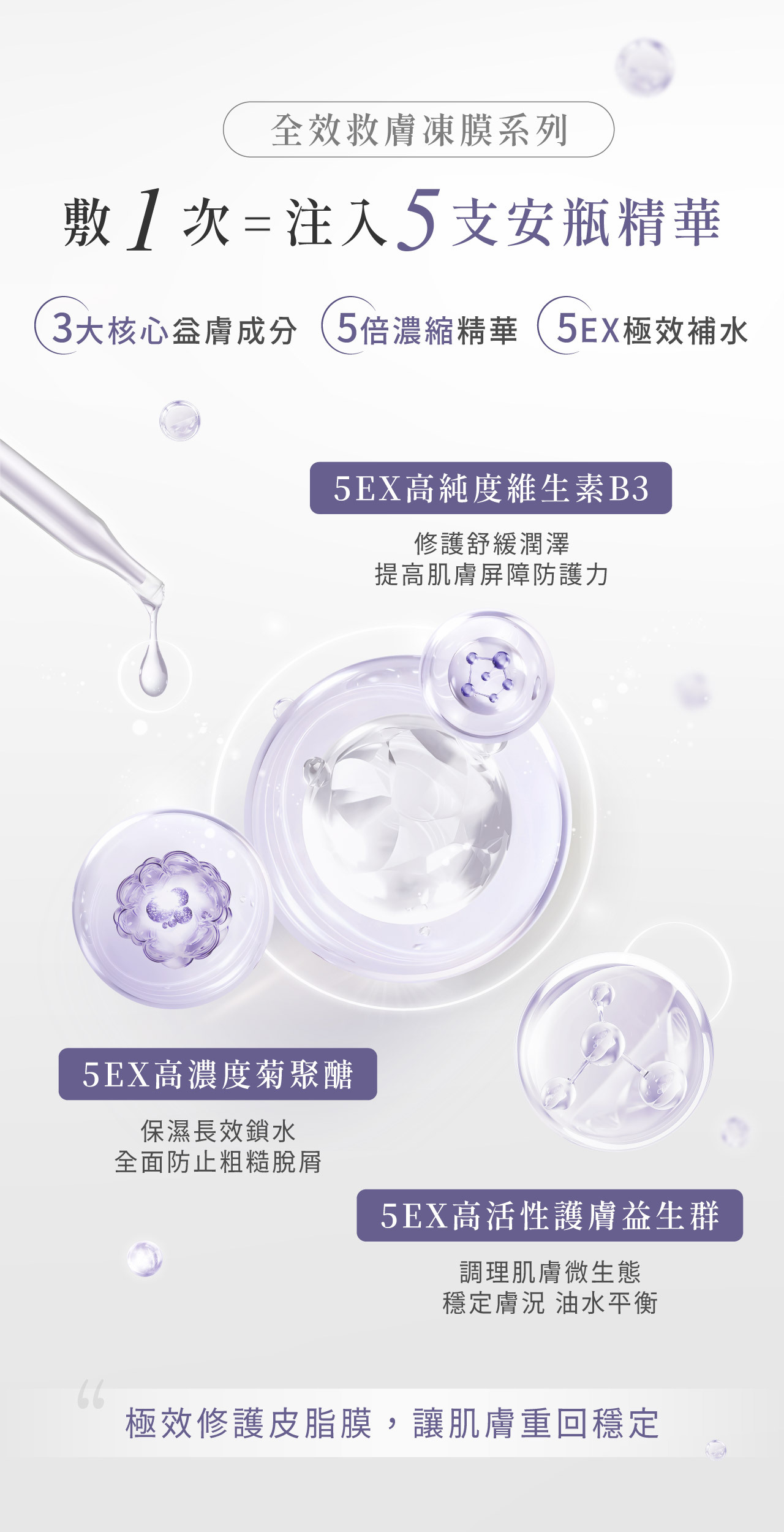 敷一次等於注入五支安瓶精華,5EX精華極效修護皮脂膜,讓肌膚回歸穩定