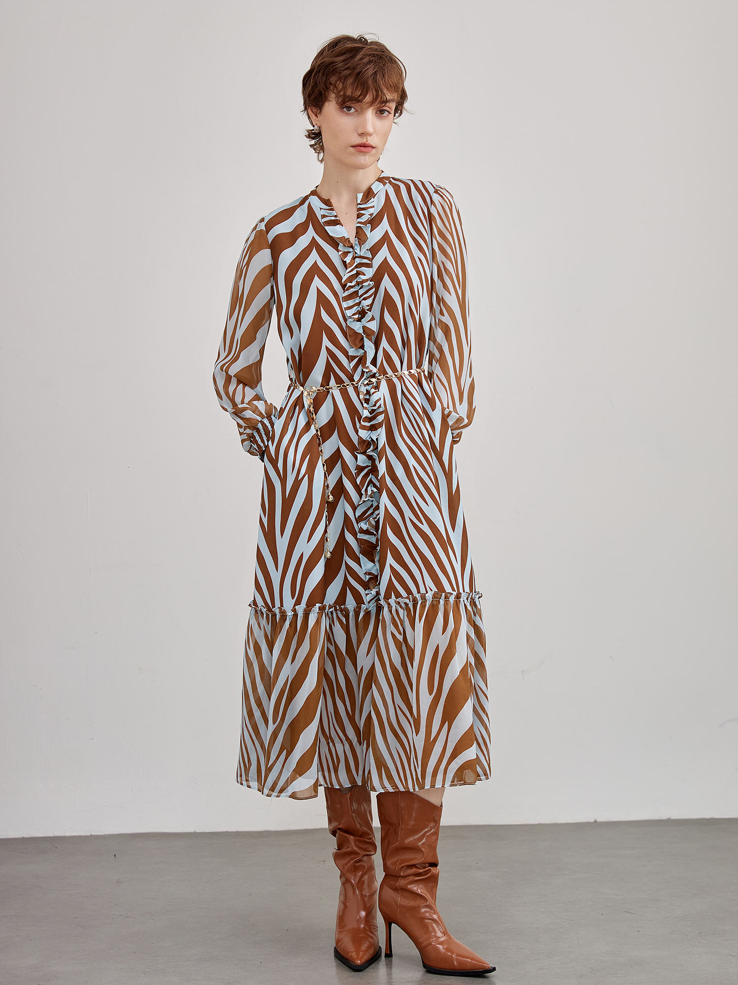 mi-tu V領斑馬紋連身裙