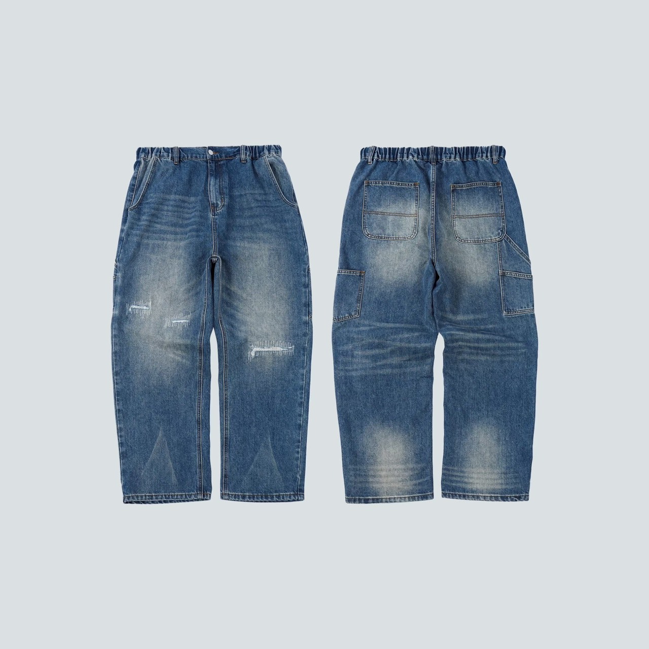 SBG｜寬鬆畫家牛仔小破壞長褲 藍色