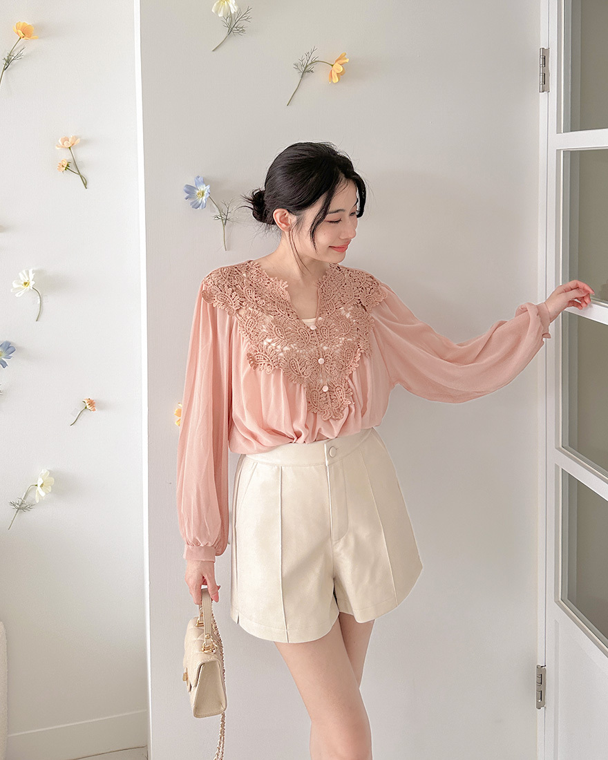 LINA LINA別緻氣質縷空燒花上衣背心兩件組-煙燻粉