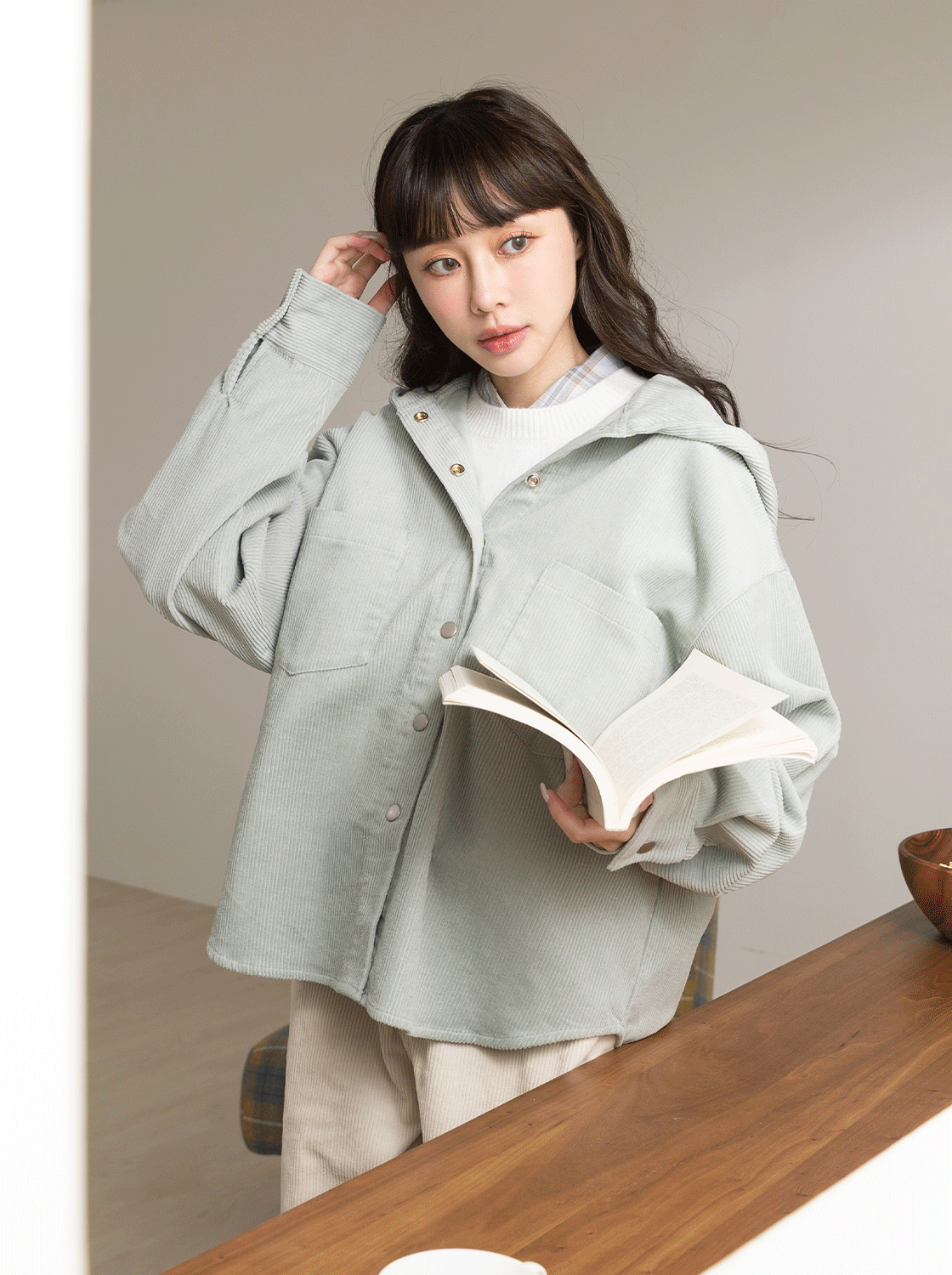 【期間限定】燈心絨連帽長袖襯衫外套