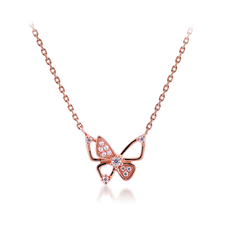 925純銀「蝶」晶鑽14K玫瑰金色套鍊 (16吋+2公分延長鍊)-SDS0038