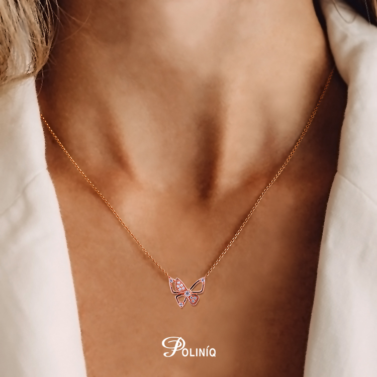 925純銀「蝶」晶鑽14K玫瑰金色套鍊 (16吋+2公分延長鍊)-SDS0038