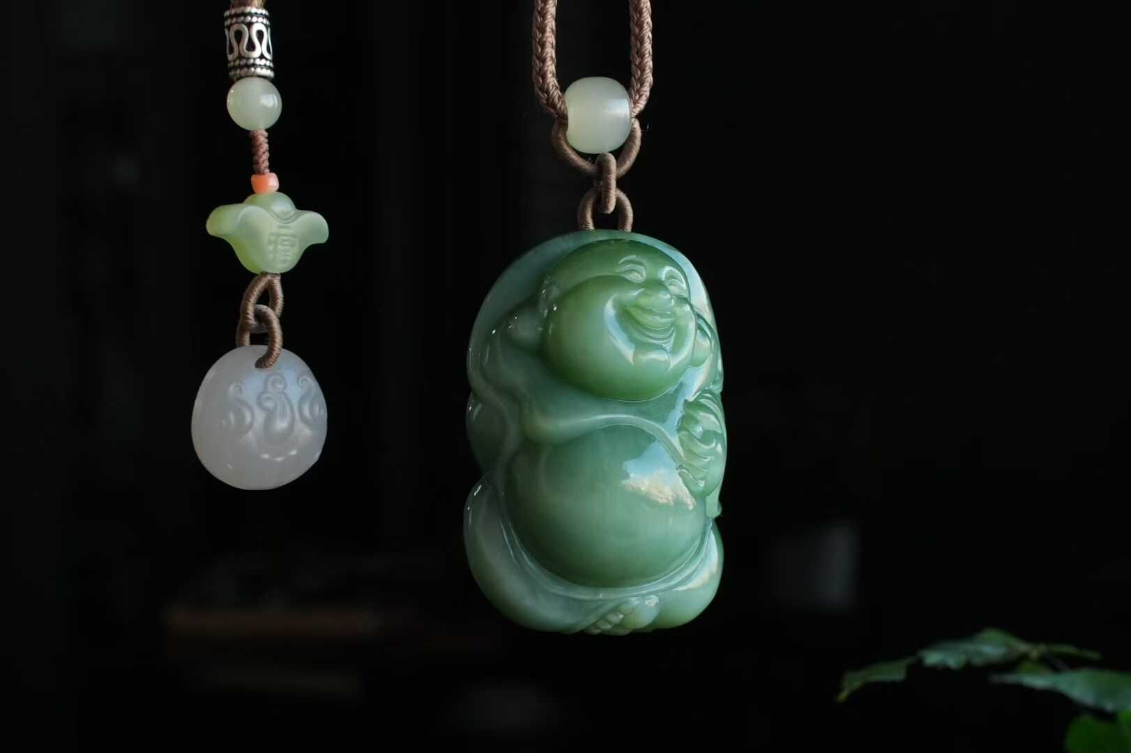 923429 和田玉碧玉貓眼彌勒佛掛件