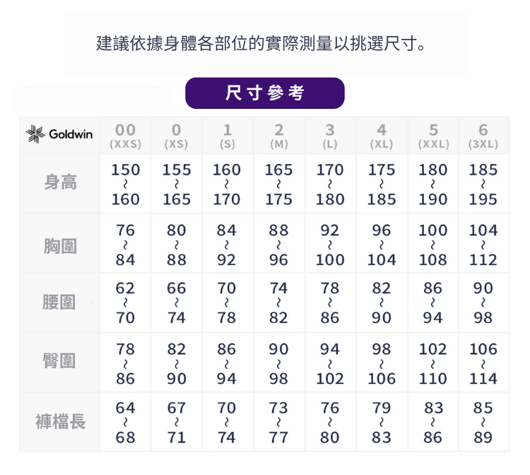 【GOLDWIN】滑雪服飾 - 尺寸表