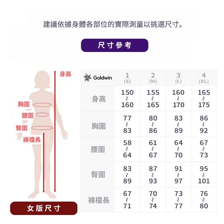 【GOLDWIN】滑雪服飾 - 尺寸表(女款)