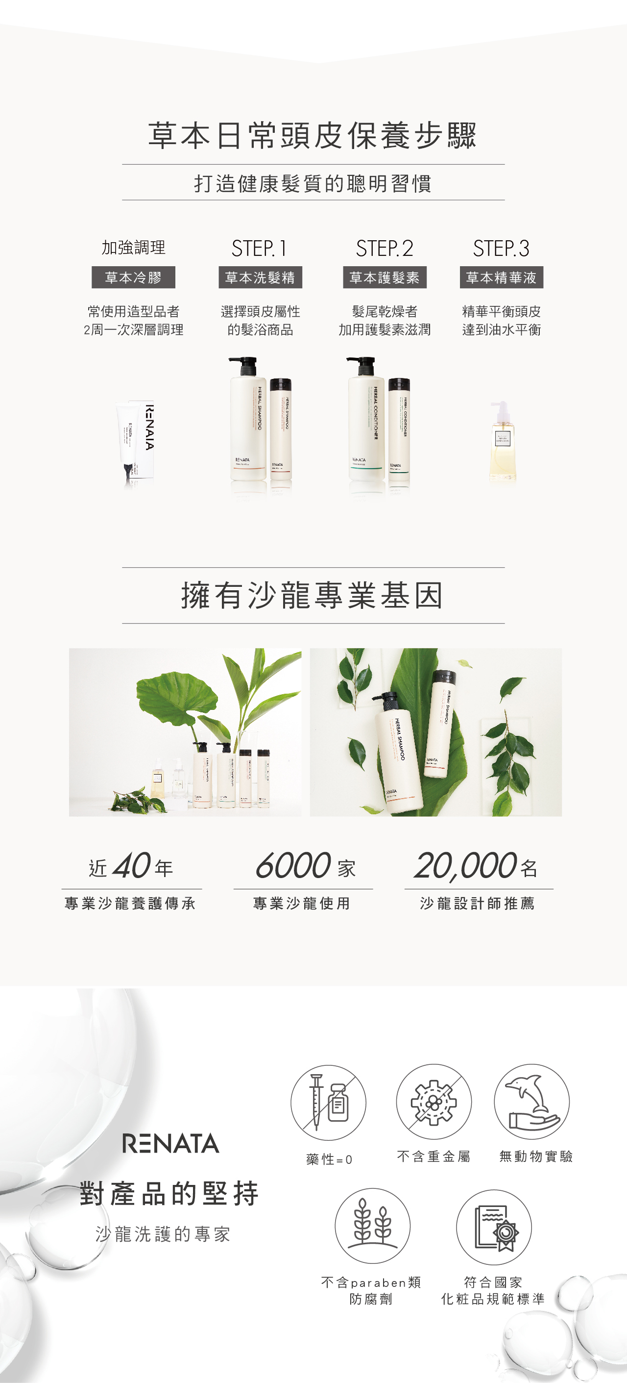 草本日常頭皮保養步驟,打造健康髮質的聰明習慣,草本冷膠,草本洗髮精,草本護髮素,草本精華液,擁有沙龍專業基因,RENATA對產品的堅持,沙龍洗護的專家