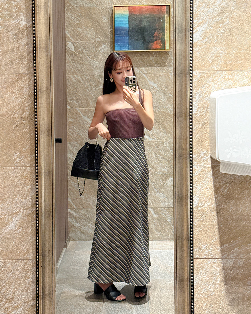 LINA LINA性格美感滿版撞色條紋鬆緊長裙-質感咖