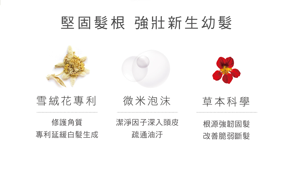 堅固髮根,強壯新生幼髮,雪絨花專利,修護角質,專利延緩白髮生成, 微米泡沫,潔淨因子深入頭皮,疏通油汙,草本科學,根源強韌固髮,改善脆弱斷髮