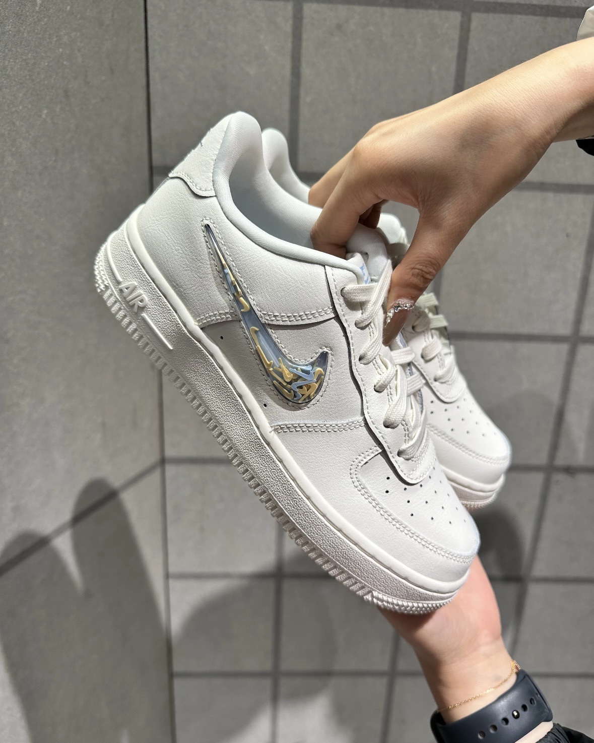 Nike Air Force 1 GS 流沙 透明勾勾 低筒 奶白