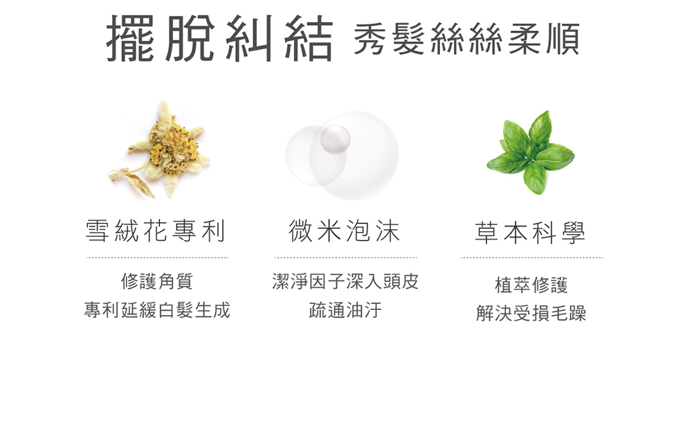 擺脫糾結秀髮絲絲柔順,雪絨花專利,修護角質專利延緩白髮生成,微米泡沫,潔淨因子深入頭皮,疏通油汙,草本科學,植萃修護,解決受損毛躁