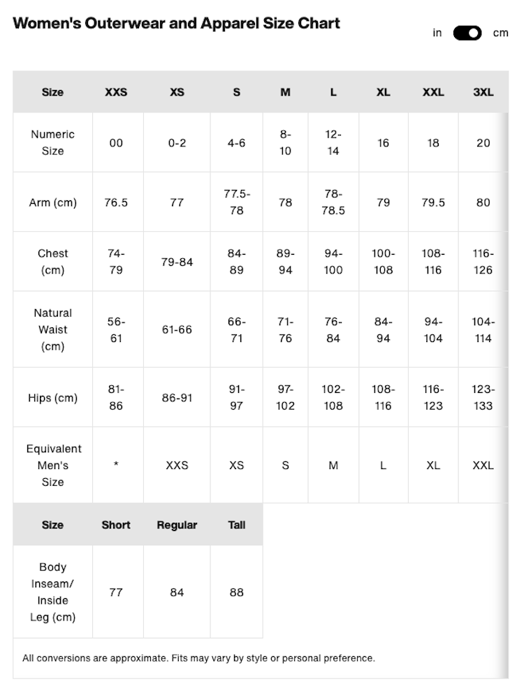 【BURTON】W's [ak]® Kimmy GORE-TEX 3L Stretch Jacket_SIZE CHART