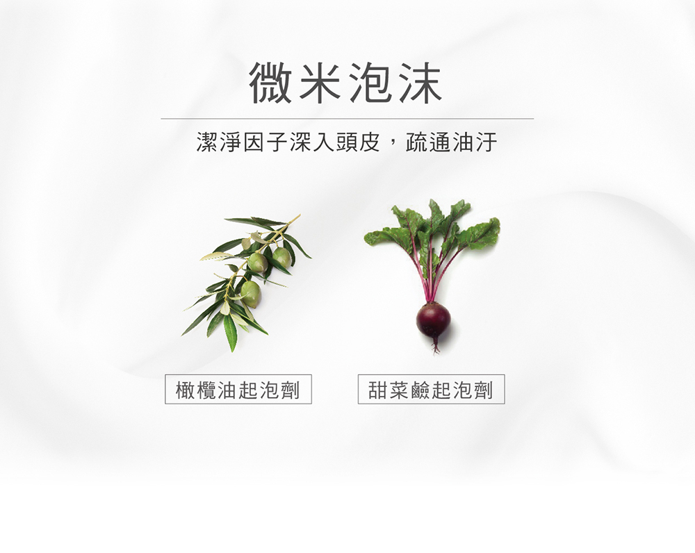 微米泡沫,潔淨因子深入頭皮,疏通油汙,橄欖油起泡劑,甜菜鹼起泡劑
