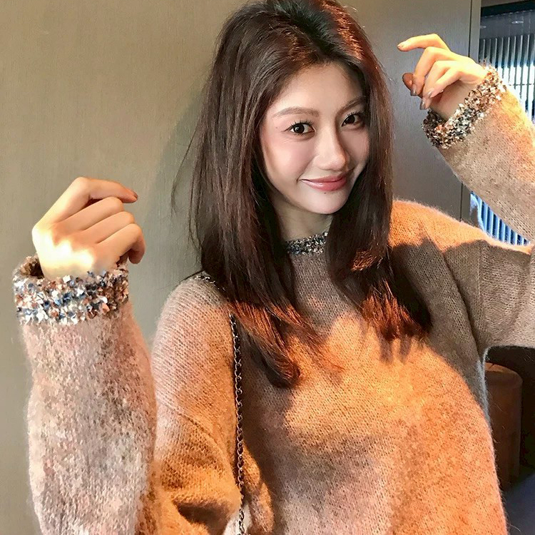 手袖圓領閃閃亮片造型針織上衣毛衣-S-L / 2色 (Elegant & Love)