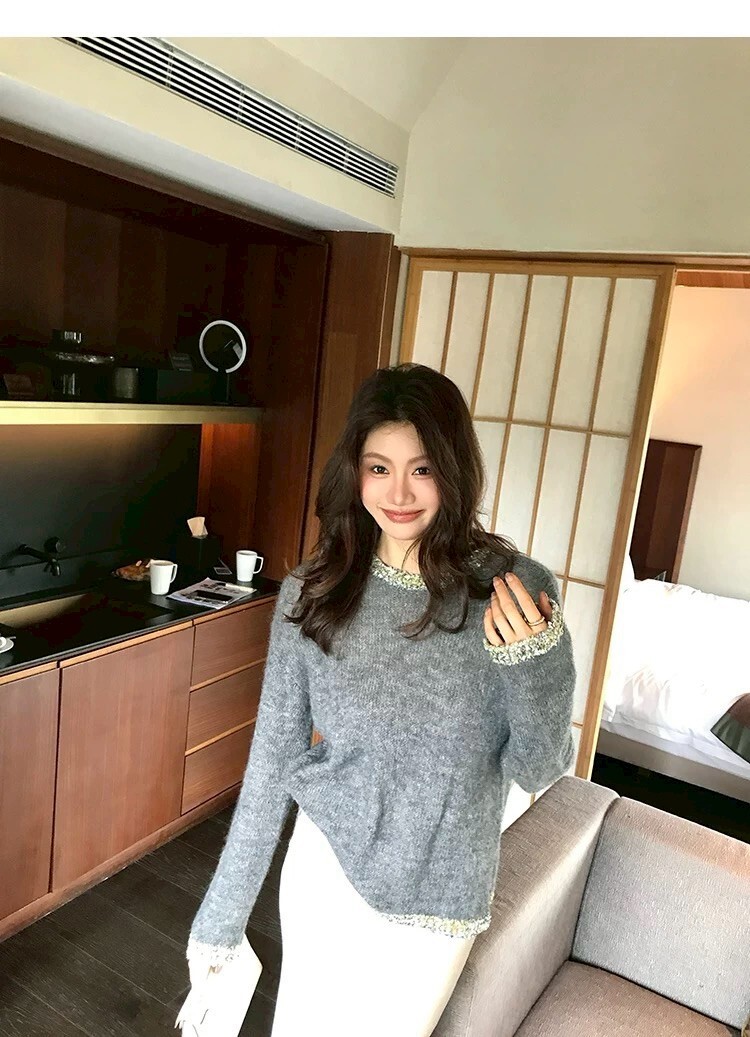 手袖圓領閃閃亮片造型針織上衣毛衣-S-L / 2色 (Elegant & Love)