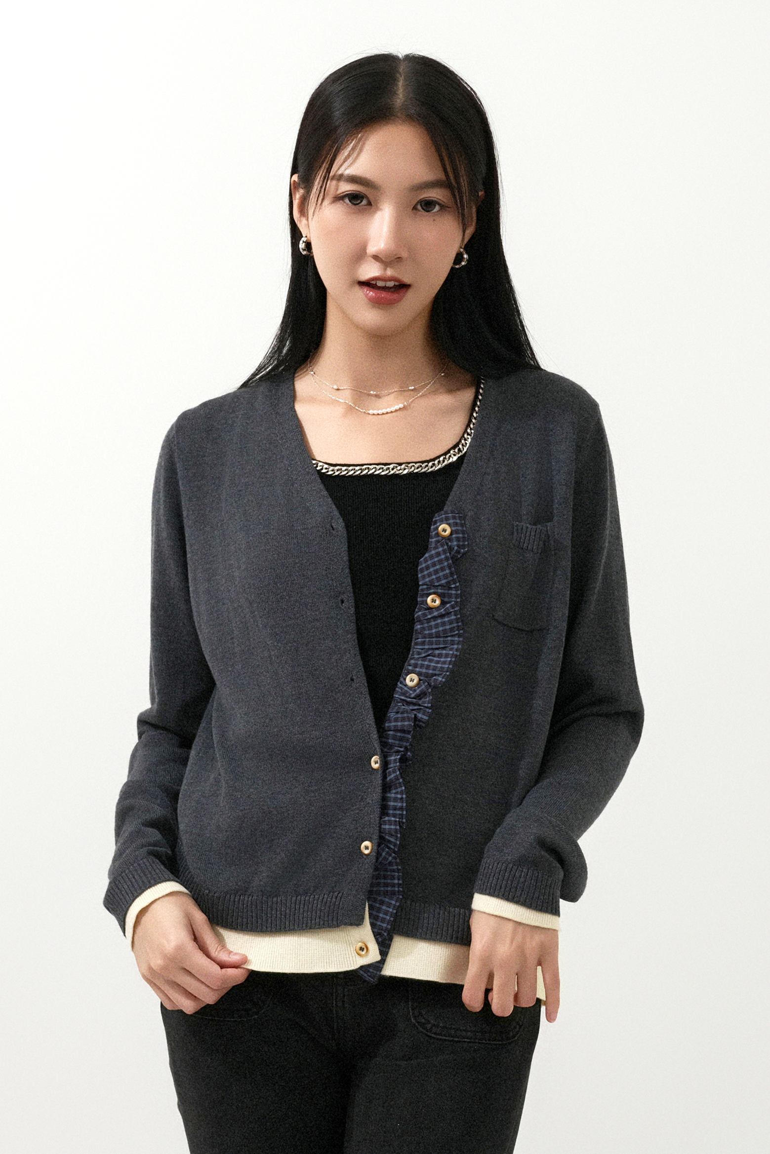 格仔荷葉邊假兩件cardigan (現貨款式）