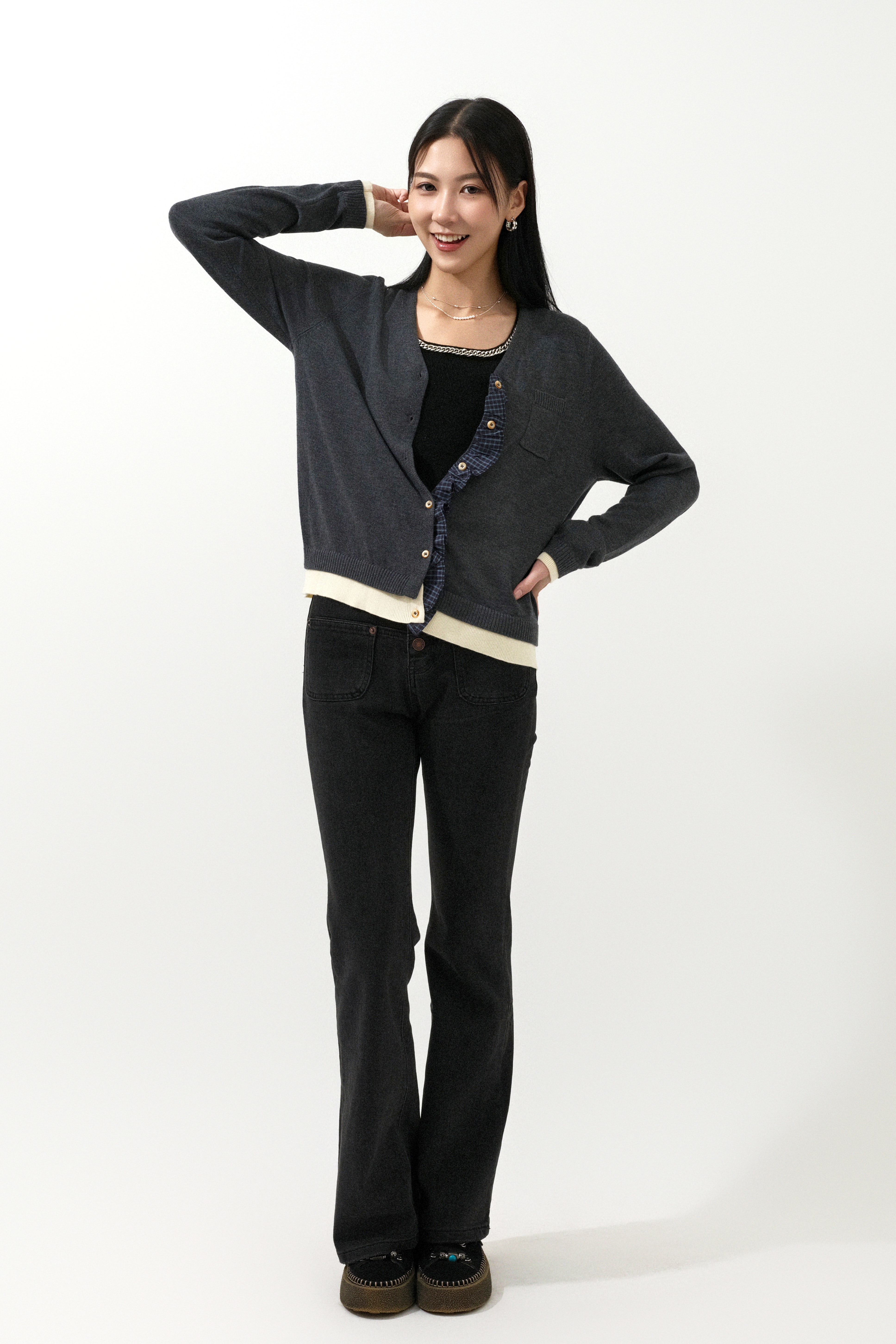 格仔荷葉邊假兩件cardigan (現貨款式）