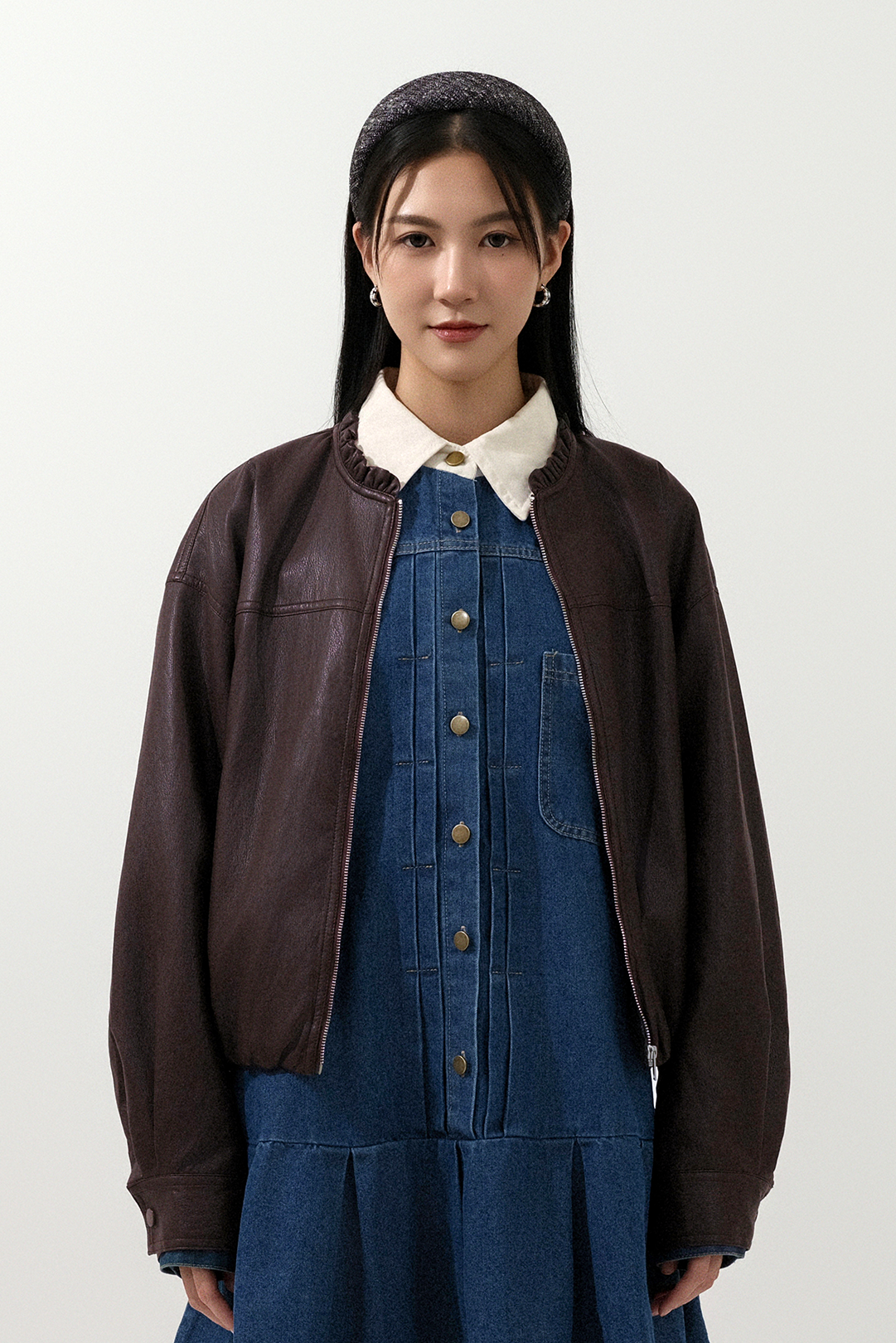 荷葉領束腳仿皮外套 (現貨款式）