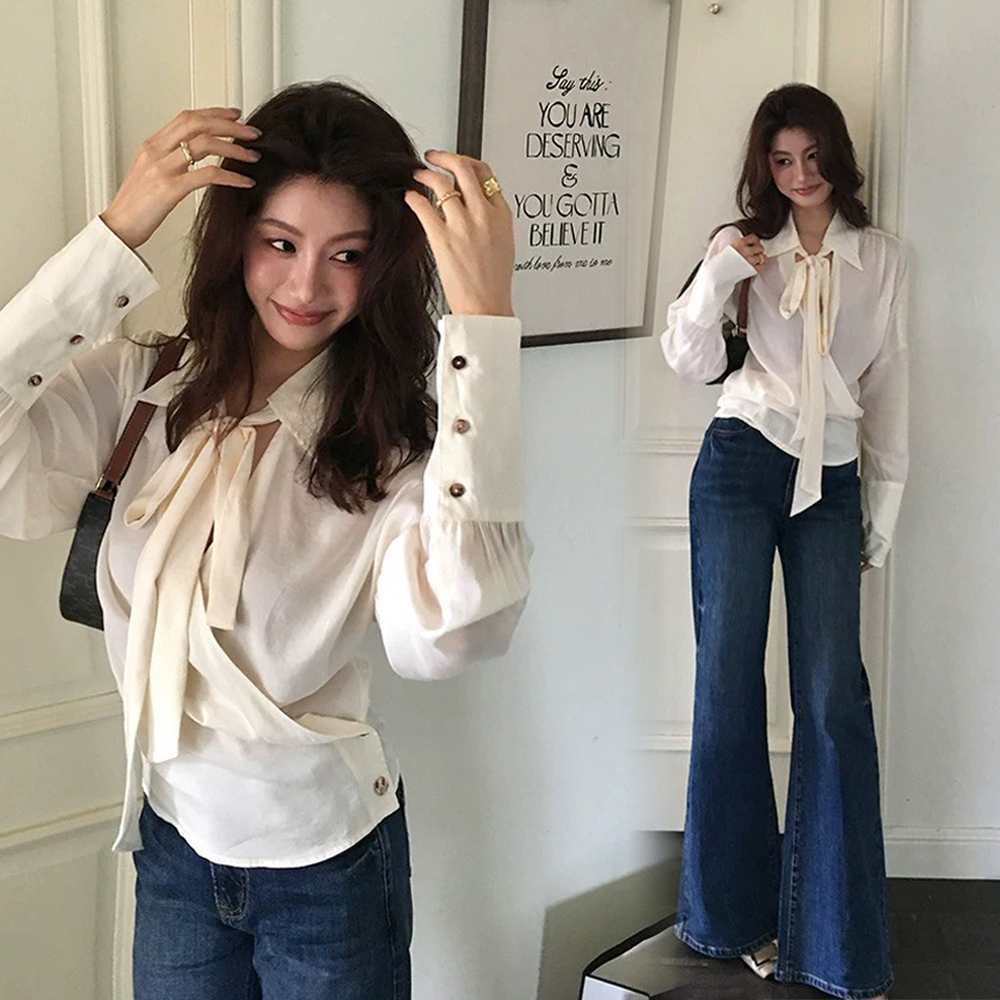 綁帶蝴蝶結側釦收腰造型翻領上衣-S-XL / 2色 (Elegant & Love)