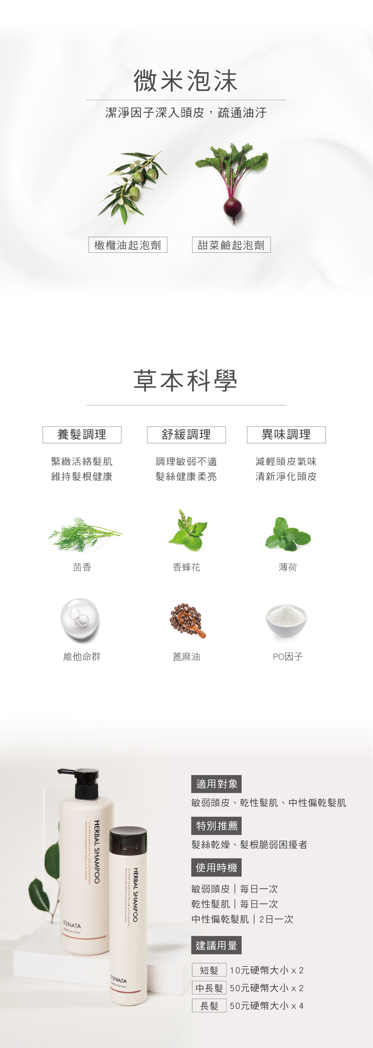 微米泡沫,潔淨因子深入頭皮,疏通油汙,橄欖油起泡劑,甜菜鹼起泡劑,草本科學,養髮調理,緊緻活絡髮肌,維持髮根健康,舒緩調理,調理敏弱不適,髮絲 健康柔亮,異味調理,減輕頭皮氣味,清新淨化頭皮,適用對象,特別推薦,敏弱頭皮,乾性髮肌,中性偏乾髮肌,髮絲乾燥,髮根脆弱困擾者