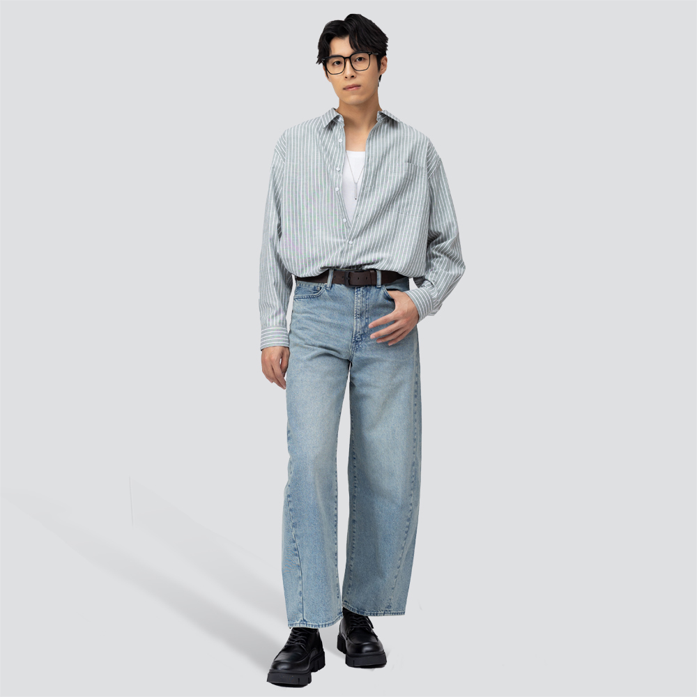 寬版休閒長袖襯衫-綠條