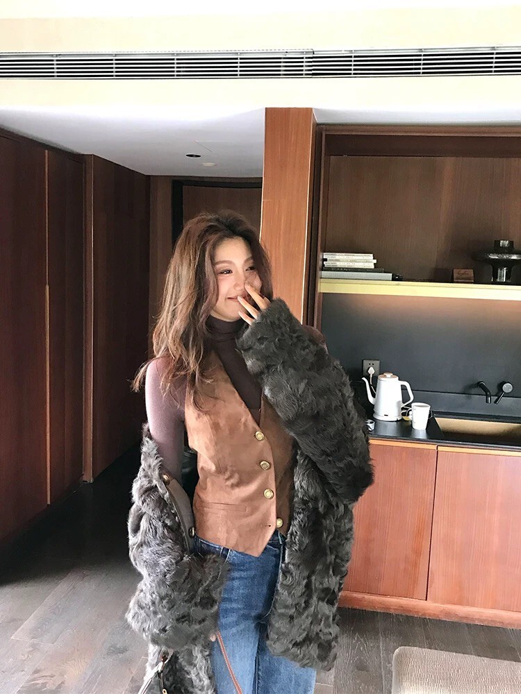 焦糖咖麂皮排釦V領背心上衣+長裙SET-S-XL (Elegant & Love)