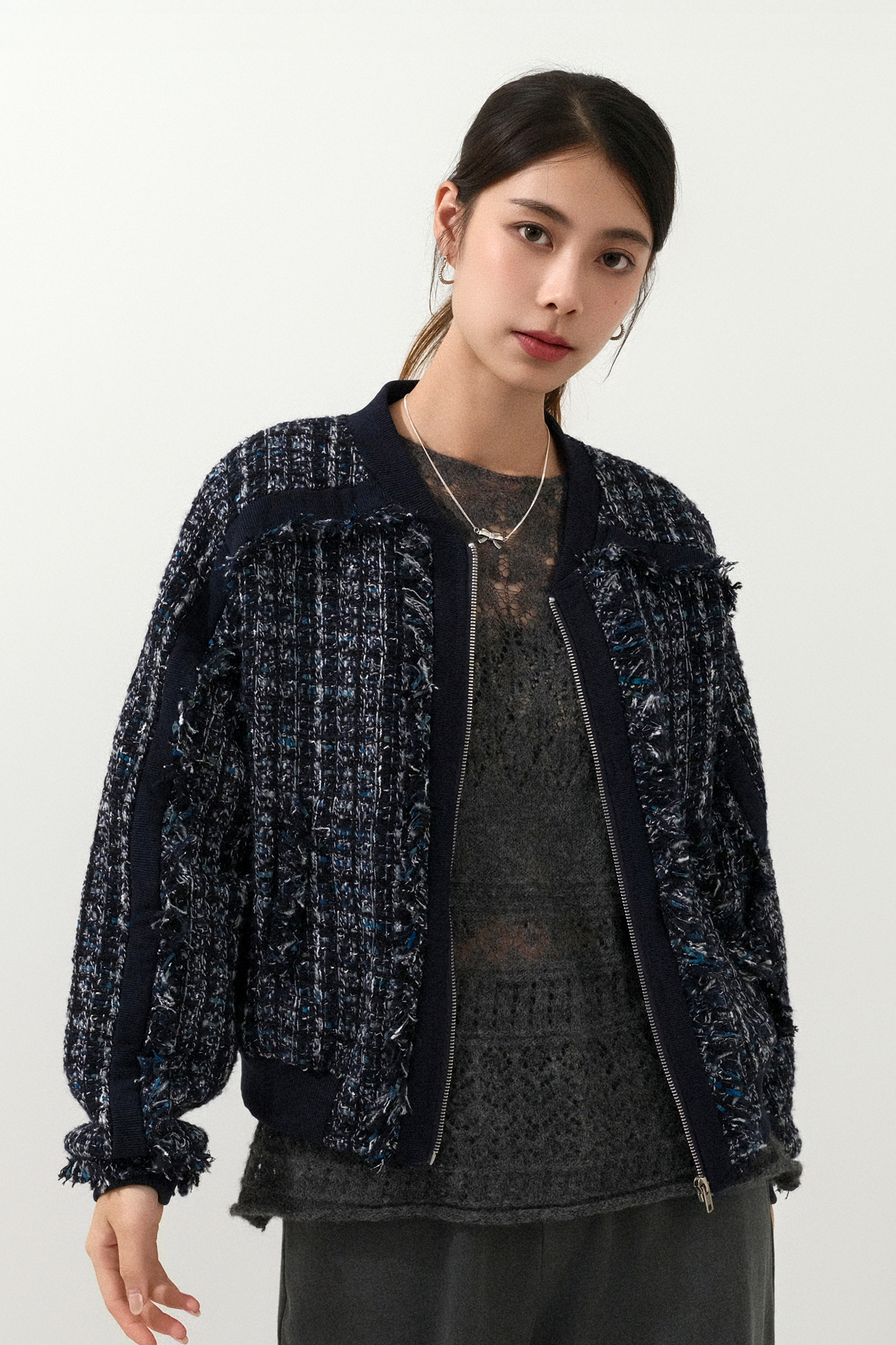 羅紋邊披tweed拉鏈外套 (現貨款式）