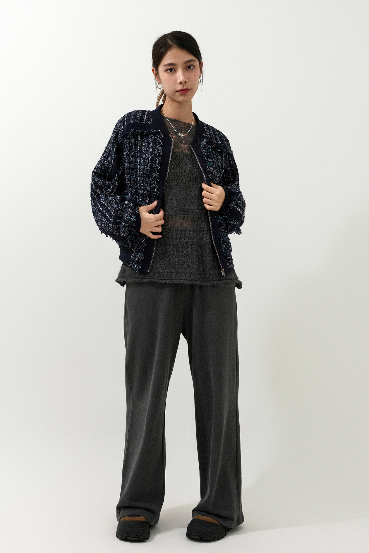 羅紋邊披tweed拉鏈外套 (現貨款式）