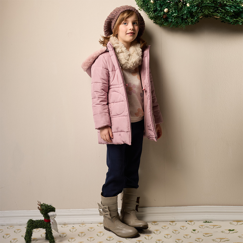 PIPPY 優雅暖暖仿絲棉可拆式連帽鋪棉外套 粉