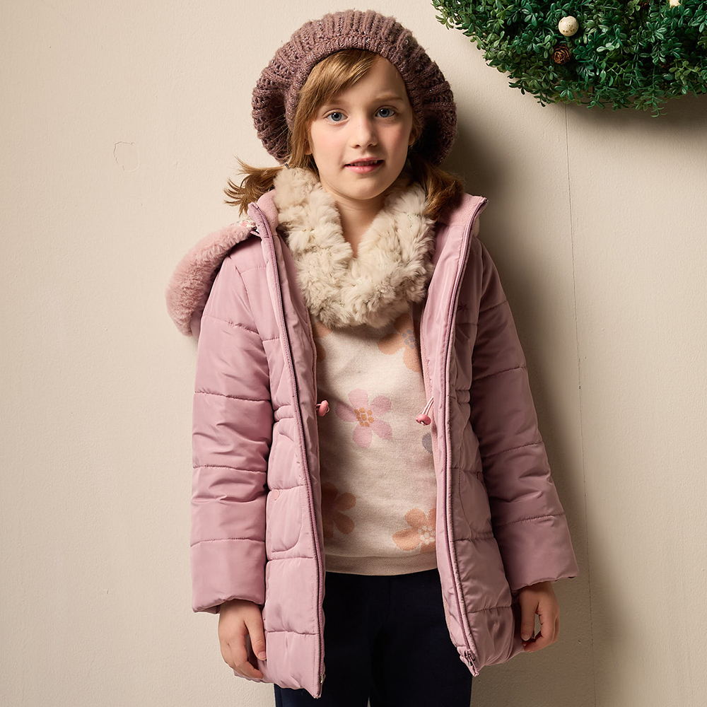 PIPPY 優雅暖暖仿絲棉可拆式連帽鋪棉外套 粉