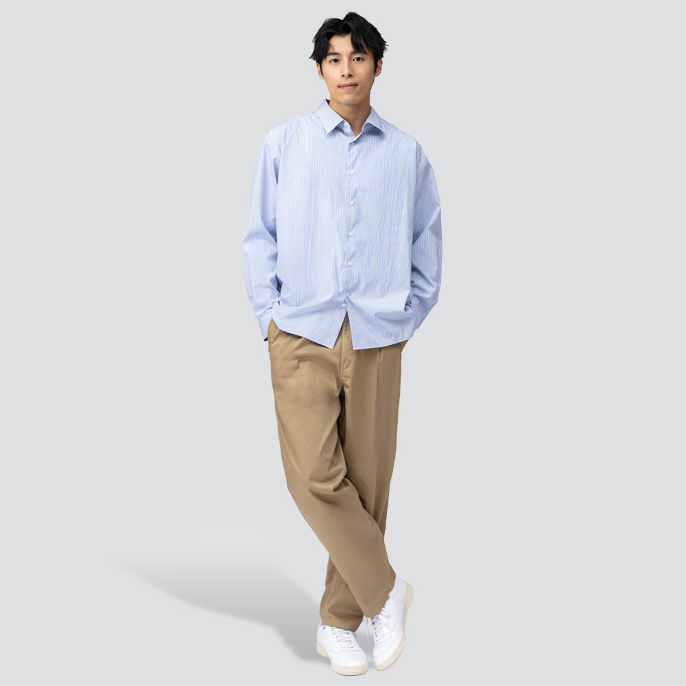 寬版休閒長袖襯衫-藍條