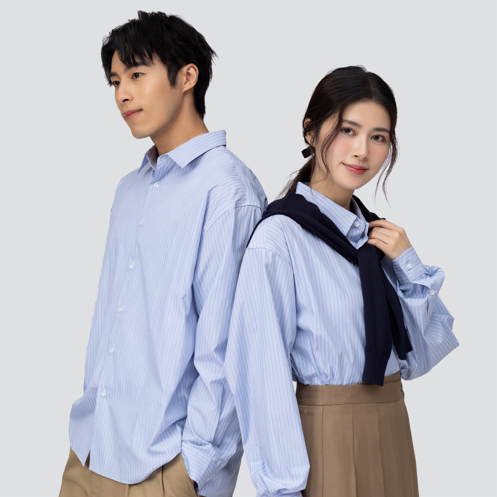 寬版休閒長袖襯衫-藍條