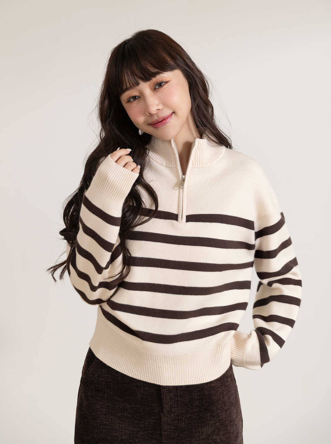【期間限定】條紋立領半拉鍊針織