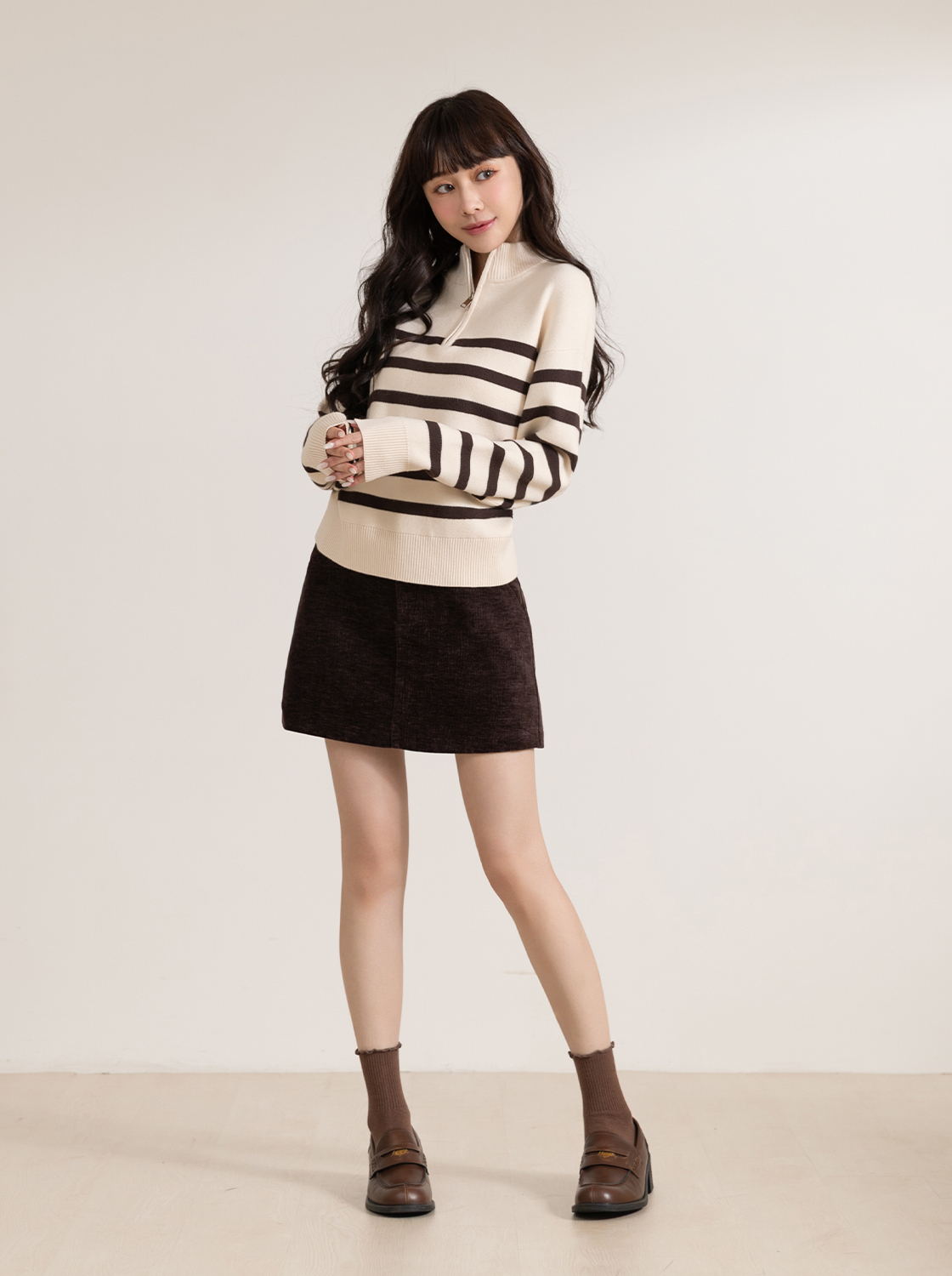 【期間限定】條紋立領半拉鍊針織