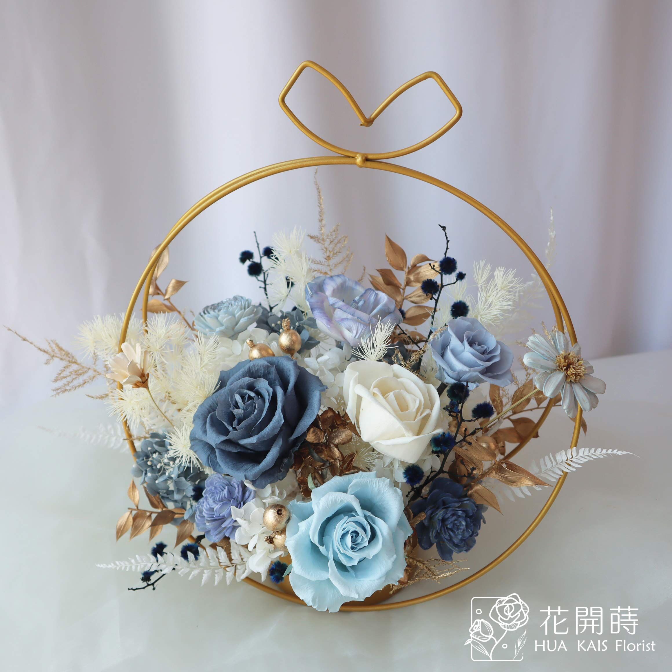 招財開幕桌花推薦|霧藍金永生桌花XL|開幕賀禮|入厝新居|永生花盆花|過年桌花|喜氣桌花