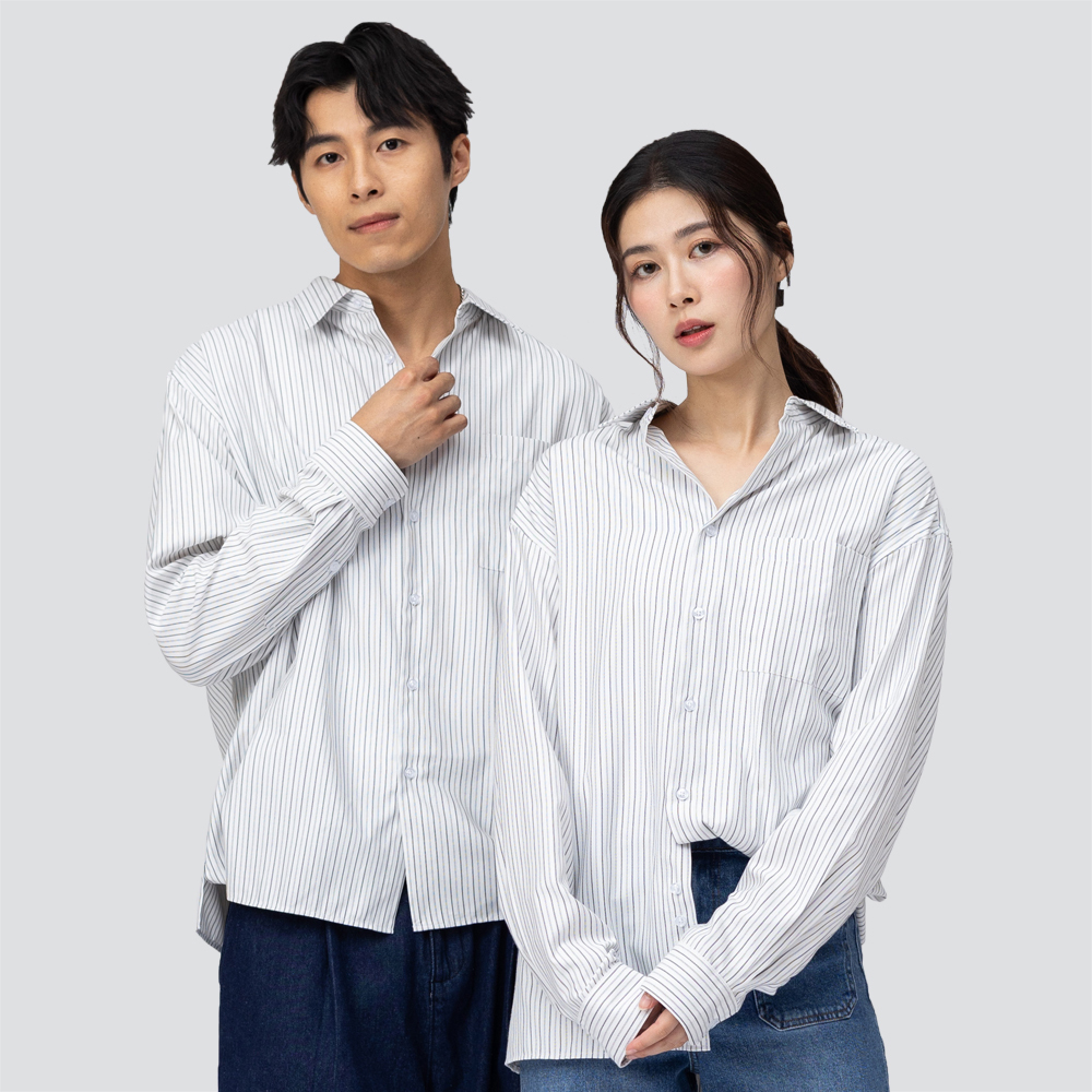 寬版休閒長袖襯衫-白條