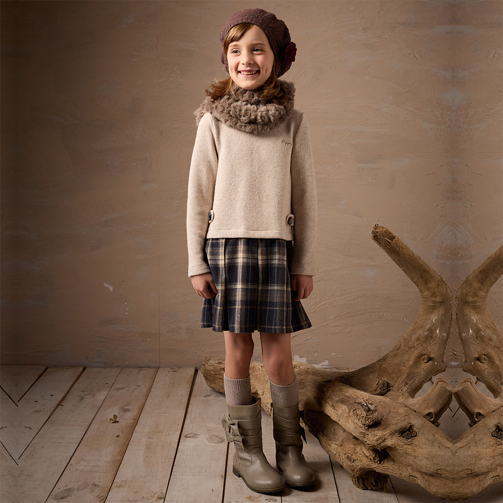 典雅立領假兩件剪接格紋連身裙洋裝 卡其