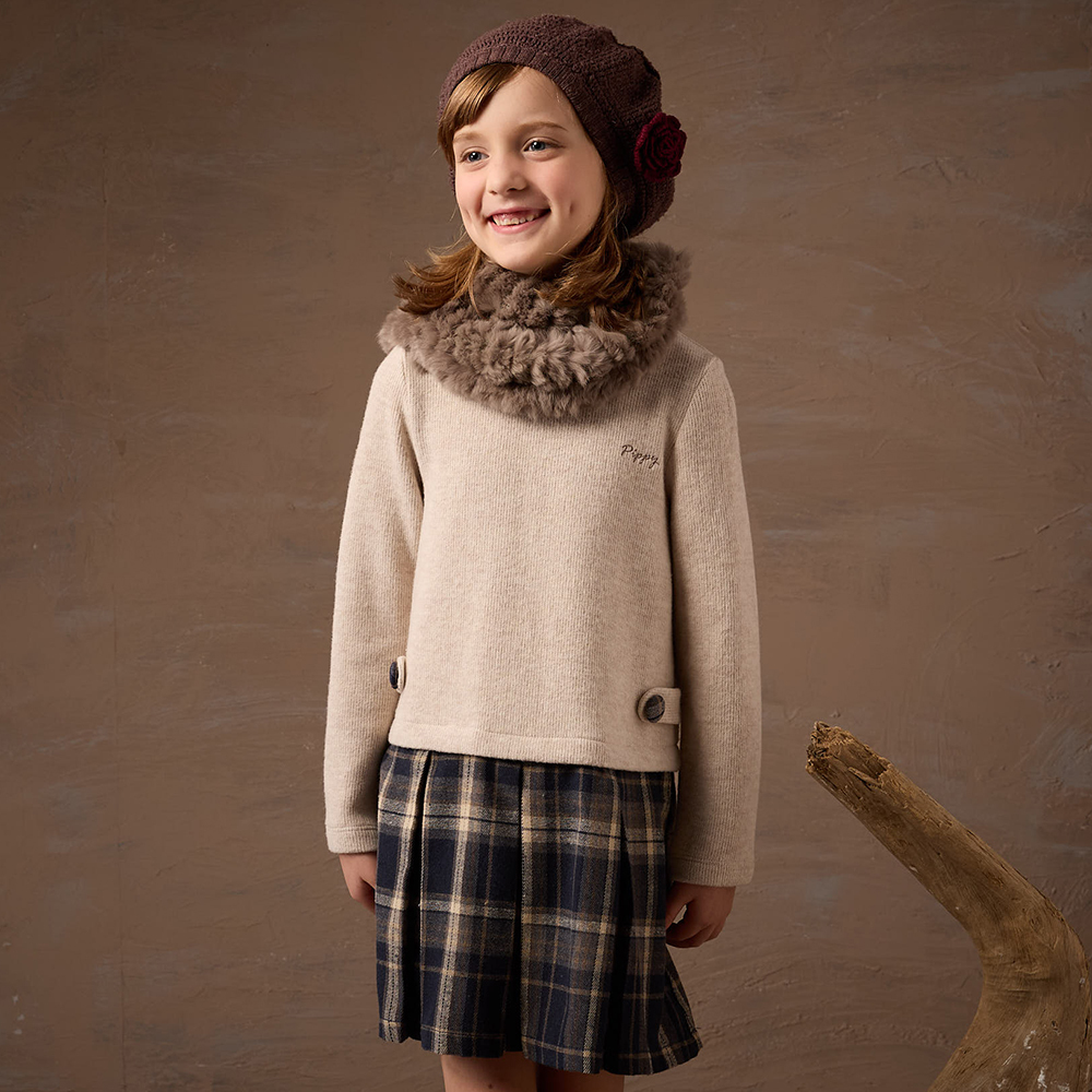 典雅立領假兩件剪接格紋連身裙洋裝 卡其