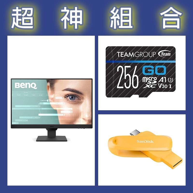 【超神組合】BenQ GW2490 24型螢幕+十銓 GO Card 256G記憶卡+晟碟 Phone Drive 256G隨身碟
