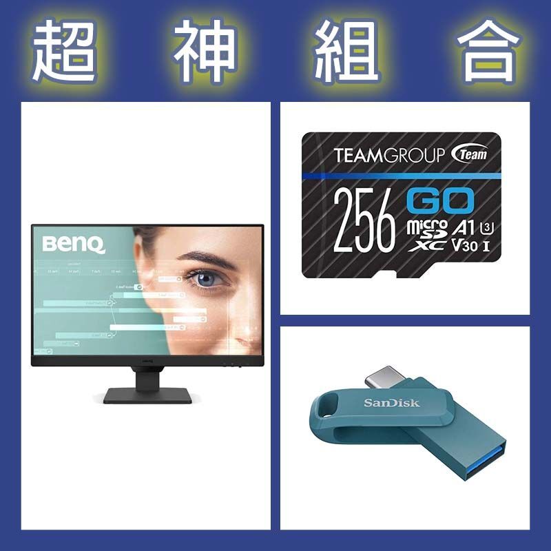 【超神組合】BenQ GW2490 24型螢幕+十銓 GO Card 256G記憶卡+晟碟 Ultra Go 64G隨身碟