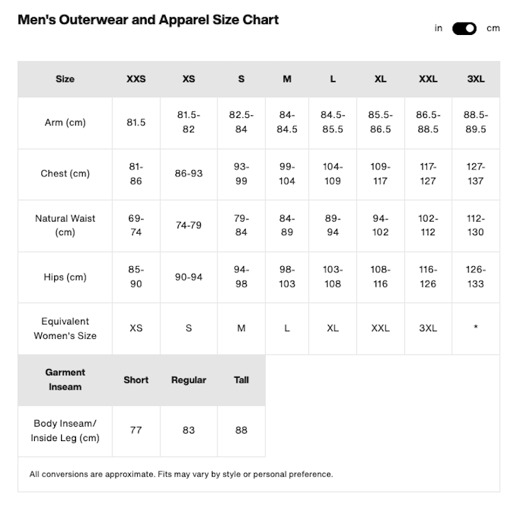 【BURTON】Ｍ’s [ak]® Helitack GORE‑TEX 2L Stretch Jacket_SIZE CHART