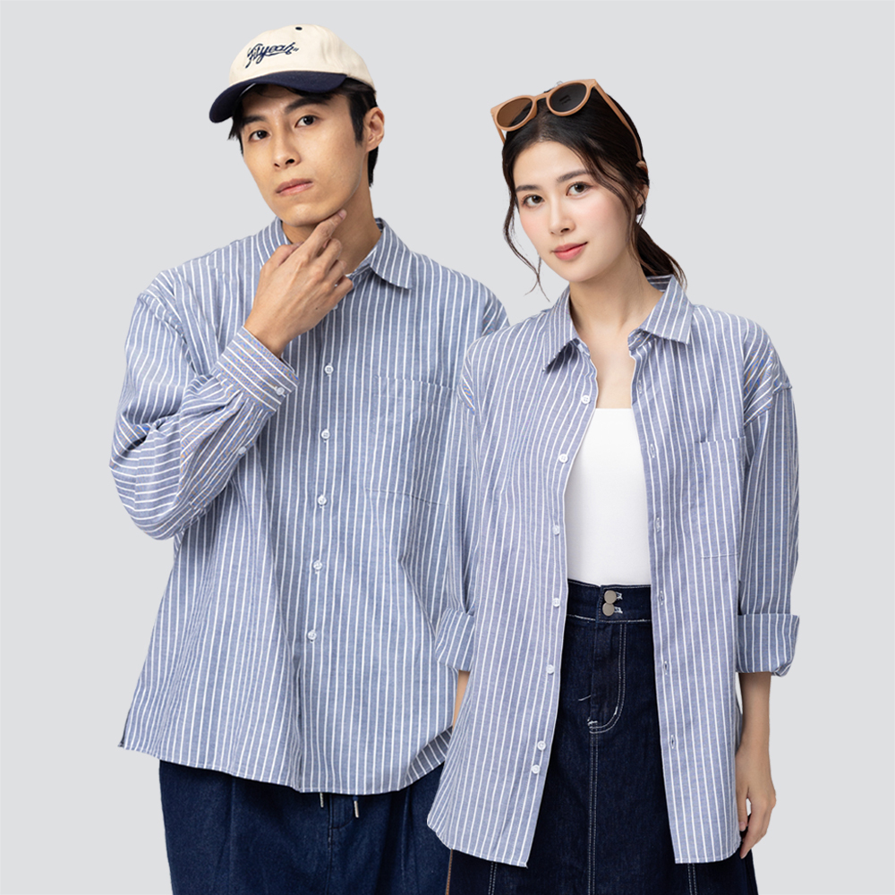 寬版休閒長袖襯衫-藍條