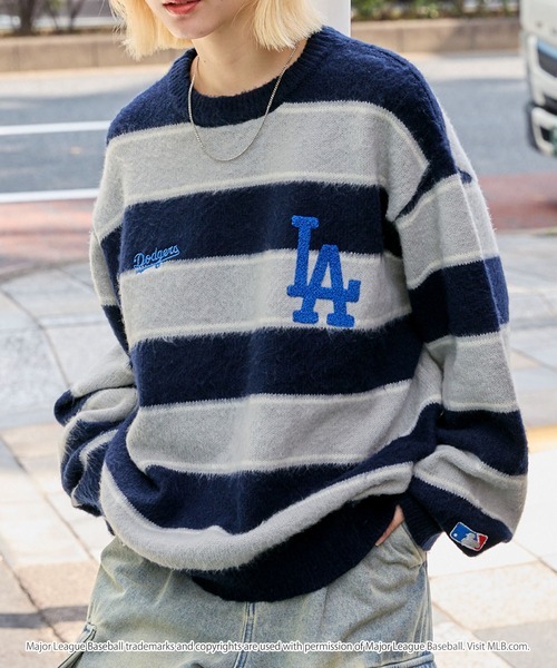 日本🇯🇵連線 MONO-MART x MLB LOGO隊徽刺繡寬條紋毛衣 針織衫 針織毛衣 隊徽 刺繡 長袖 寬鬆 落肩 oversized 3款(任買兩件711免運)/預購