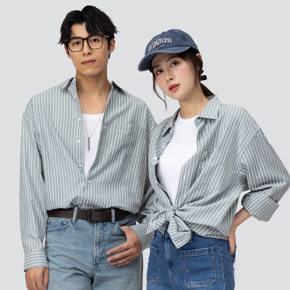 寬版休閒長袖襯衫-綠條