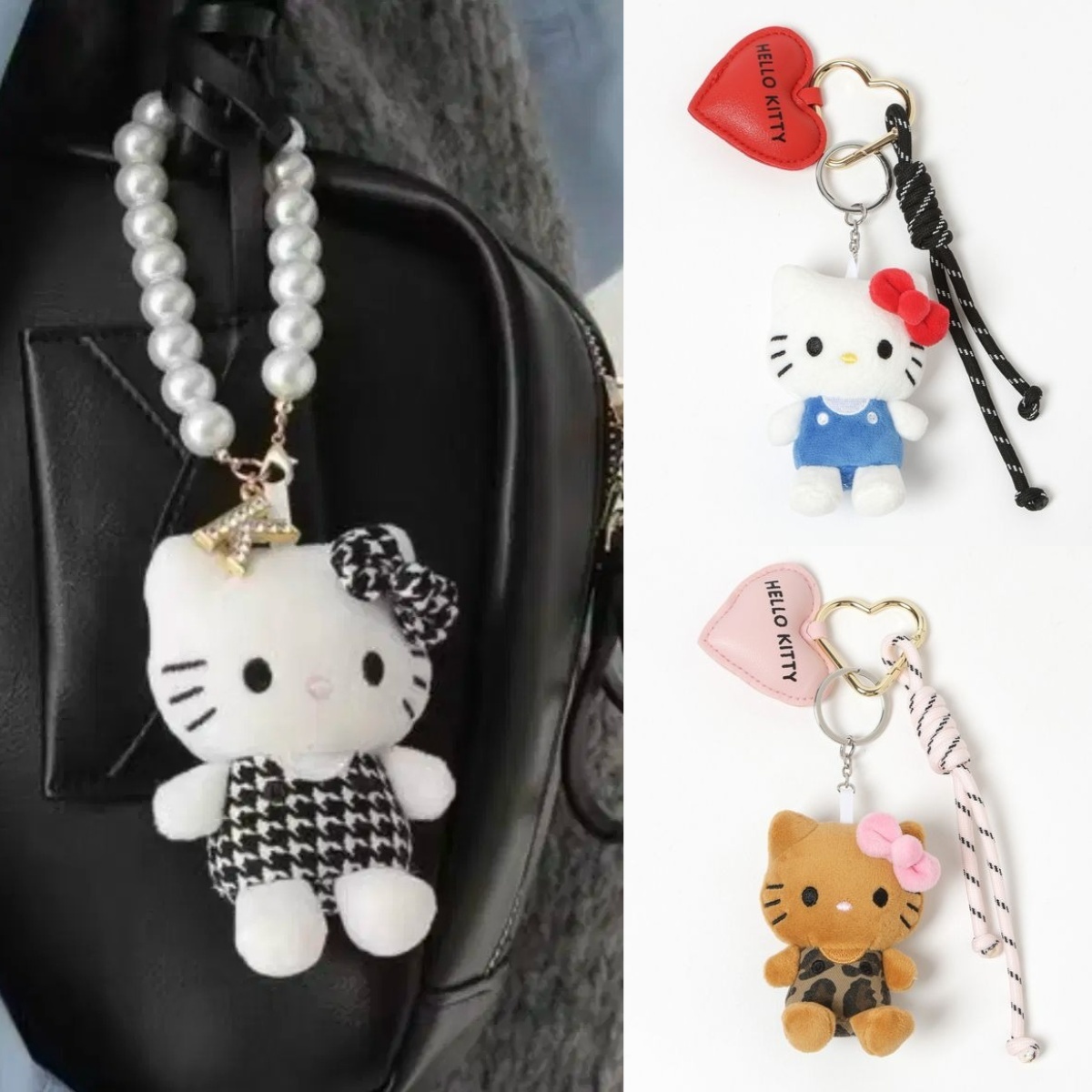 現貨┃三麗鷗 HELLO KITTY 曬黑 日燒 愛心 豹紋 千鳥格 珍珠 吊繩 吊飾 掛飾