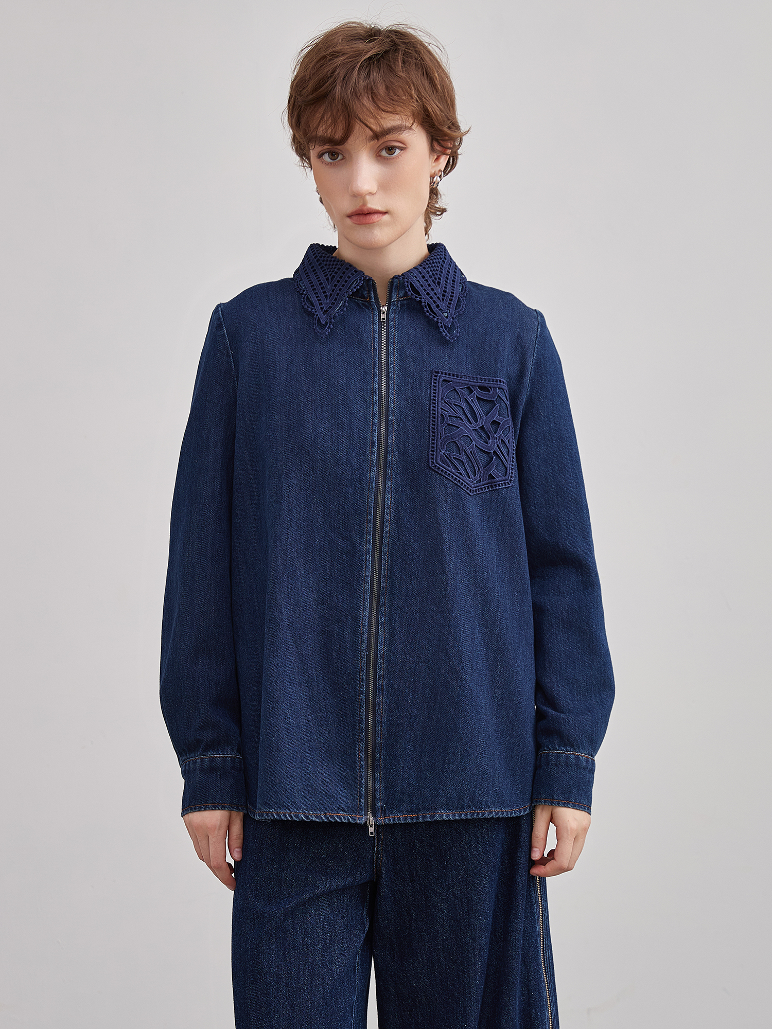 mi-tu 蕾絲鏤空牛仔外套