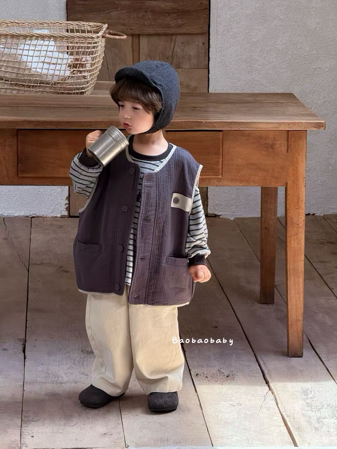 撞色口袋棉柔背心