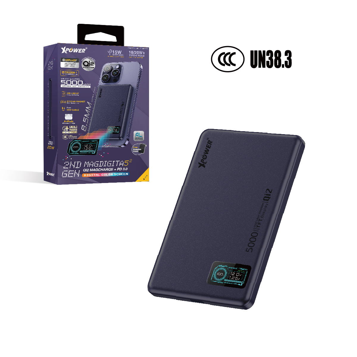 3C)XPower MagDigita5² 第2代彩屏顯示磨沙玻璃外殼5000mAh磁吸移動源